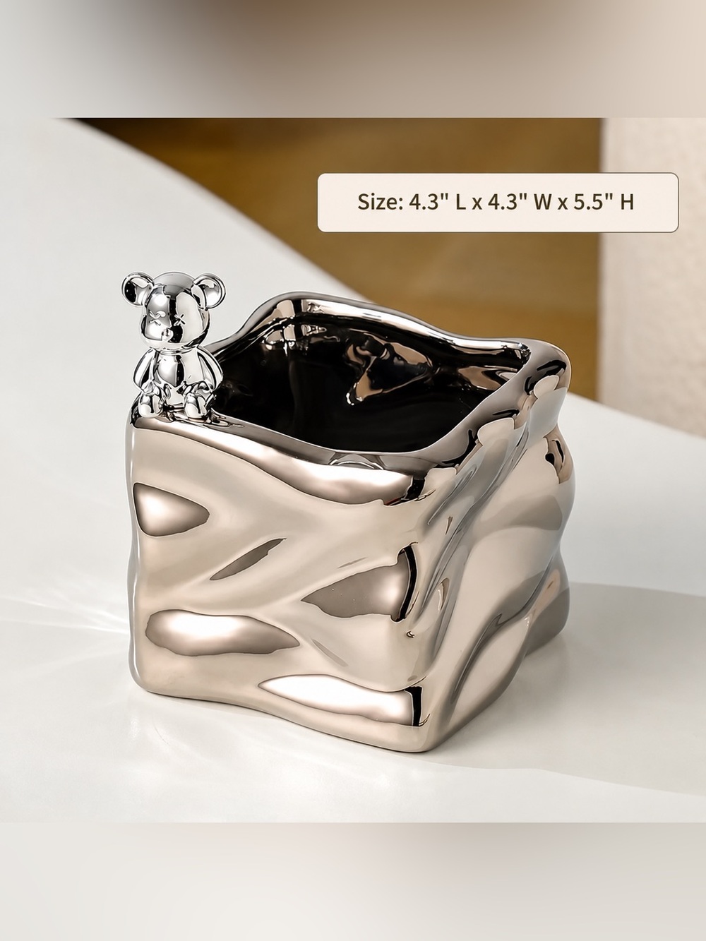 Silver Ceramic Bear Storage Container Desk Organizer Makeup Brush Organizer New